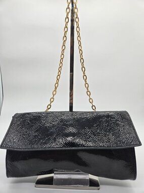 Bloomingdales Black Patent Leather Envelope Clutch Gold Chain Shoulder Strap